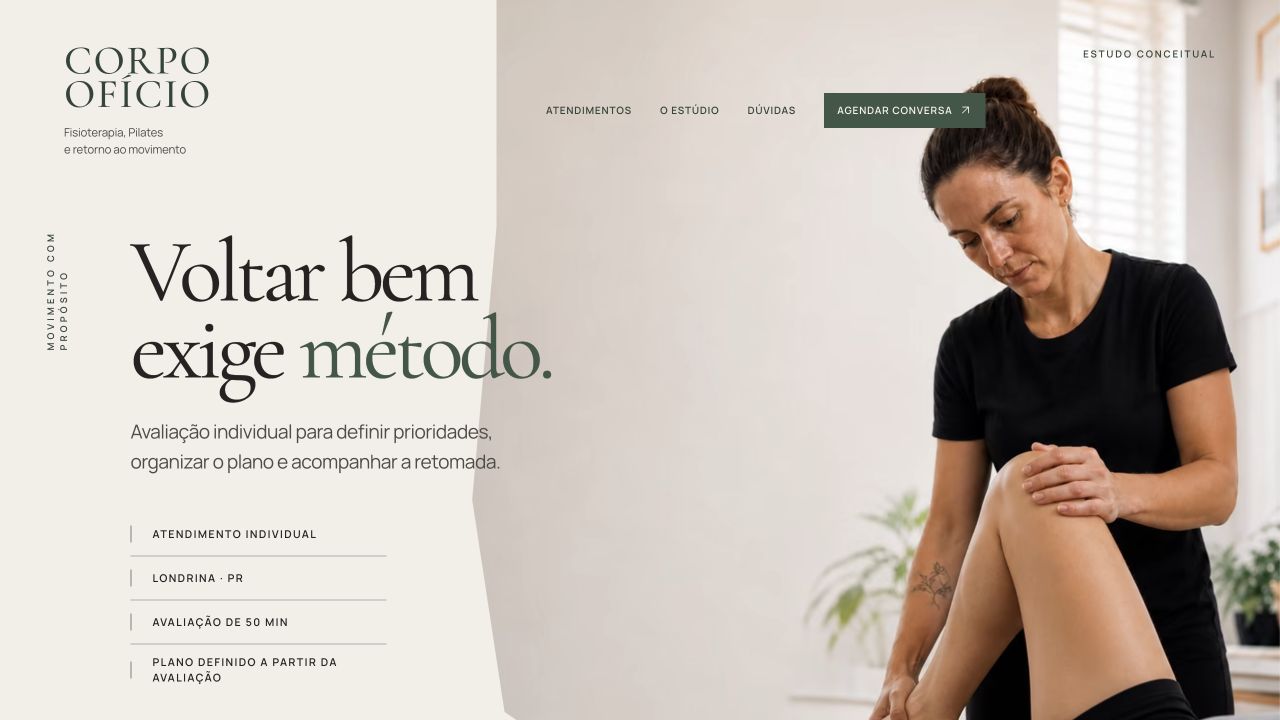 Site conceitual Corpo Ofício para fisioterapia e Pilates