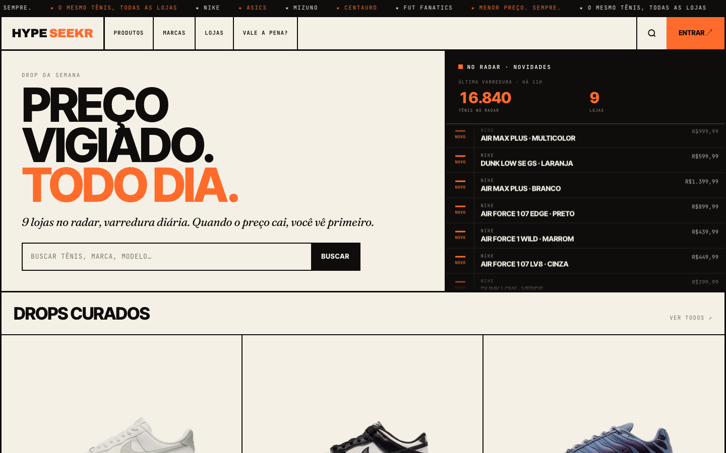 Página do HypeSeekr, com busca e comparação de ofertas de tênis